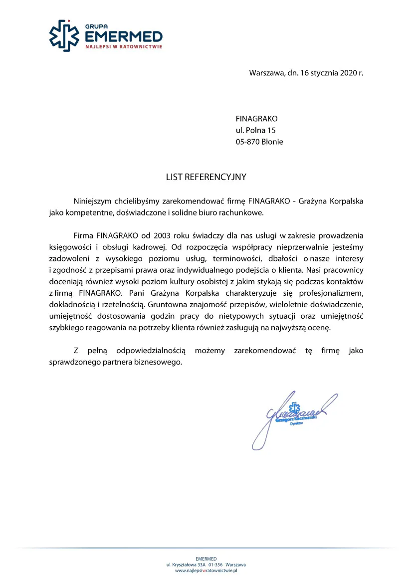 List referencyjny od firmy Emermed dla Biura Rachunkowego Finagrako